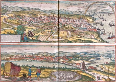 Udsigt over Barcelona og Ecija (Eciia), Spanien (ætsning af Franz Hogenberg