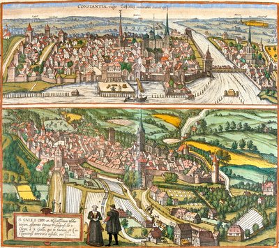 Udsigt over Constance (Contantia), Tyskland og St. Galli (S. Galli), Schweiz (radering af Franz Hogenberg