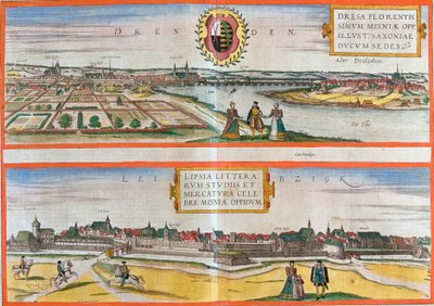Udsigt over Dresden (Dresa) og Leipzig (Lipsia), Tyskland (radering af Franz Hogenberg