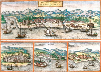 Udsigt over Kozhikode eller Calicut (Indien), Ormuz (Iran), Cannanore eller Kannur (Indien) og St. George of the Mine (S. George) eller Elmina (Ghana) (ætsning af Franz Hogenberg
