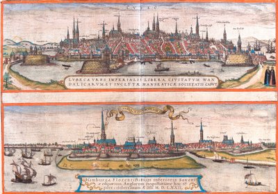 Udsigt over Lubeck (Lubeca) og Hamborg (Hamburga), Tyskland (radering af Franz Hogenberg