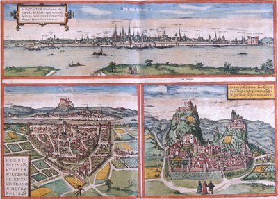 Udsigt over Mainz (Moguntia), Würzburg, Tyskland og Sion (Sedunum) i Schweiz (radering af Franz Hogenberg