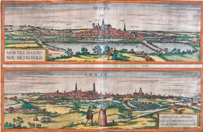 Udsigt over Mons (Montes) (Belgien) og Arras, Frankrig (radering af Franz Hogenberg
