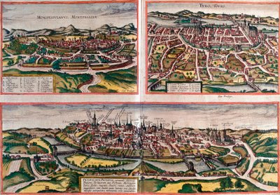 Udsigt over Montpellier (Monspessulanus), Tours (Turo) og Poitiers (Pictavis), Frankrig (radering af Franz Hogenberg