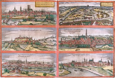 Udsigt over München (Monacum) Ingolstadt (Ingolstadium), Freising (Frisingensis), Nordlingen (Nordlinga), Regensburg (Ratispona) og Straubing (Stravbinga), Tyskland (radering) af Franz Hogenberg