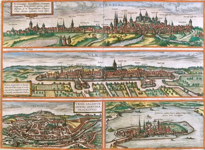 Udsigt over Nürnberg (Nurnberga), Ulm (Ulma), Lindau (Lindola), Tyskland og Salzburg (Salisburgensis) i Østrig (radering af Franz Hogenberg