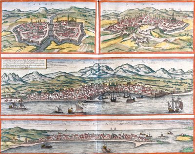 Udsigt over Parma (Parma), Siena (Sena), Palermo (Panhormus) og Trapani (Drepanum) (Sicilien), Italien (ætsning af Franz Hogenberg