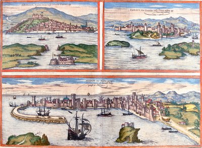 Udsigt over Sibenik (Sibinium, Sibenicho), Porec (Parens, Parentium), Kroatien og Modon (Modona), Grækenland (radering af Franz Hogenberg