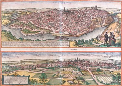 Udsigt over Toledo og Valladolid (Vallisoletum), Spanien (radering af Franz Hogenberg
