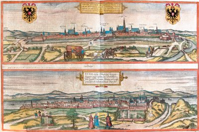 Udsigt over Wien (Wien), Østrig og Budapest (Buda), Ungarn (radering af Franz Hogenberg