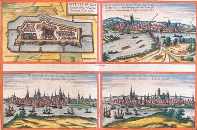 Udsigt over Wittenburg (Wittenburga), Frankfurt (Francfordiensis), Wismar (Wismaria) og Rostock (Rostochium), Tyskland (radering af Franz Hogenberg