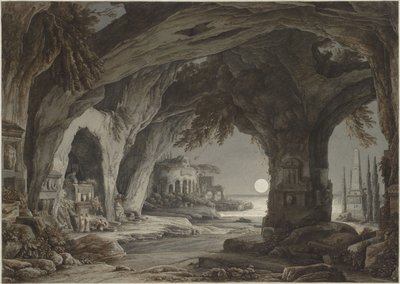 Ideelt landskab med klippegrotte, grave og ruiner i måneskin, ca. 1790. af Franz Innocenz Josef Kobell