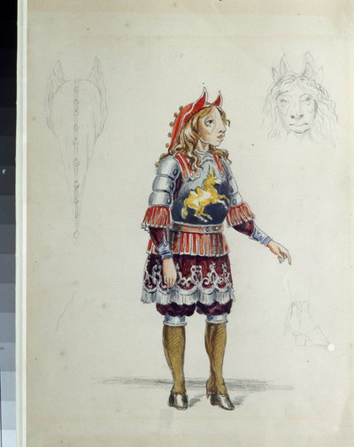 Kostumedesign til balletten ""Le petit cheval pukkelryg"" af Cesare Pugni (1802-1870) (kostumedesign til balletten Den lille pukkelryggede hest af C. Pugni). Den lille hest. Værk af Franz Iosifovich Nordmark, blyant og akvarel på papir af Franz Iosifovich Nordmark