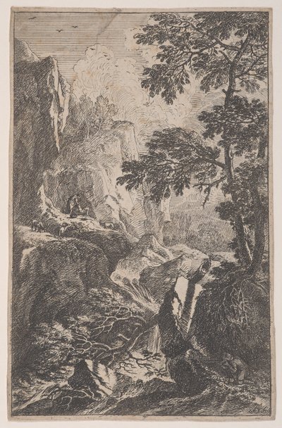 Plade 2: en jæger, der sigter med sin pistol, knælende ved siden af en stor sten til højre, en ma..., ca. 1700-25. af Franz Joachim Beich