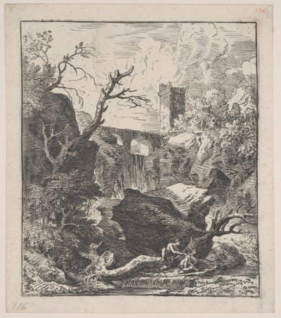 Plade 2: to figurer, der sidder på en træstamme på bredden af en å i forgrunden,..., ca. 1700-25. af Franz Joachim Beich