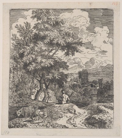 Plade 3: en hyrde siddende på en bakke, en ko og to får til venstre, og en by i Ri..., ca. 1700-25. af Franz Joachim Beich