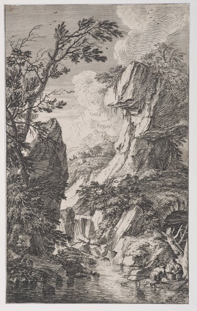 Plade 4: to fiskere på bredden af et vandløb til højre, et vandfald i midten, fra..., ca. 1700-25. af Franz Joachim Beich