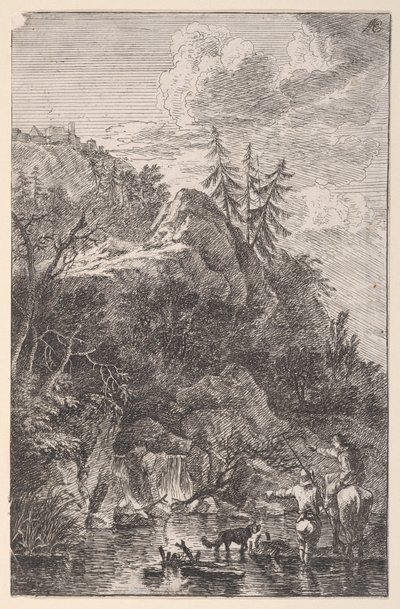 Tavle 5: kvindefigur til hest og en mandsfigur med en hund stående i en stre..., ca. 1700-25. af Franz Joachim Beich