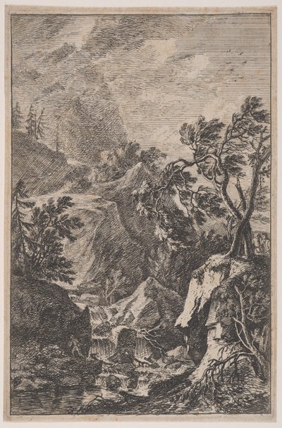 Plade 6: to mandsfigurer stående på en sten til højre, et vandfald i midten med en..., ca. 1700-25. af Franz Joachim Beich