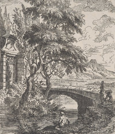 Plade 7: to figurer til højre ved at krydse en stenbro, en fisker i for..., ca. 1700-25. af Franz Joachim Beich