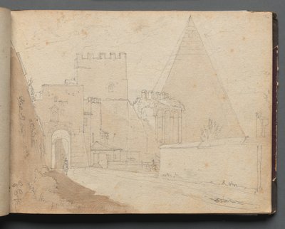 Album med udsigt over Rom og omgivelser, Landskabsstudier, side 08a: Porta St. Paolo. af Franz Johann Heinrich Nadorp