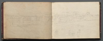 Album med udsigt over Rom og omgivelser, Landskabsstudier, side 08b og 09 a: Panoramaudsigt…. af Franz Johann Heinrich Nadorp