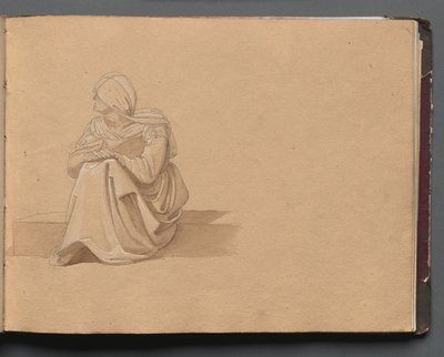 Album med udsigt over Rom og omgivelser, Landskabsstudier, side 19a: Siddende kvindefigur. af Franz Johann Heinrich Nadorp