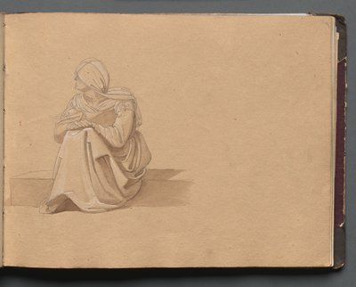 Album med udsigt over Rom og omgivelser, Landskabsstudier, side 19a: Siddende kvindefigur af Franz Johann Heinrich Nadorp