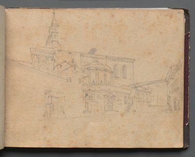 Album med udsigt over Rom og omgivelser, Landskabsstudier, side 26a: Romersk arkitektonisk udsigt. af Franz Johann Heinrich Nadorp