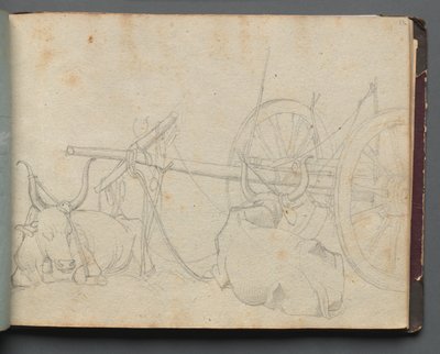 Album med udsigt over Rom og omgivelser, Landskabsstudier, side 37a: Okser og vogn af Franz Johann Heinrich Nadorp