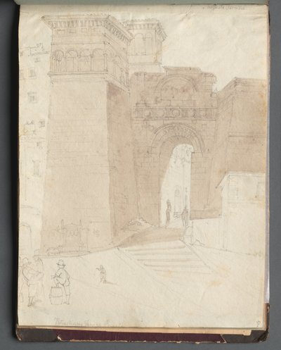 Album med udsigt over Rom og omgivelser, landskabsstudier, side 50a: Romersk arkitektonisk udsigt af Franz Johann Heinrich Nadorp