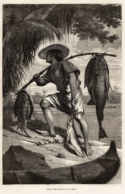 Indiske Moxo (Mojo, Moxeno) (fra Mato Grosso-regionen) vender tilbage fra fiskeri, gravering efter en tegning af fortælleren, der illustrerer en udforskningsrejse på Amazonas og Madeira, fra 1874, af Franz Keller Leuzinger, udgivet i "" Le tour du af Franz Keller