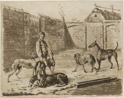 Gårdsplads med en dreng og hunde af Franz Krüger