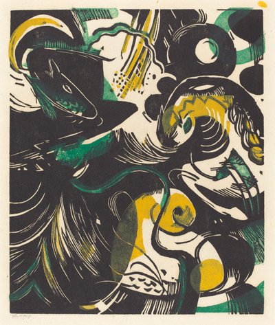 Genesis II (Schopfungsgeschichte II), 1914 (træsnit i gul, sort og grøn) af Franz Marc