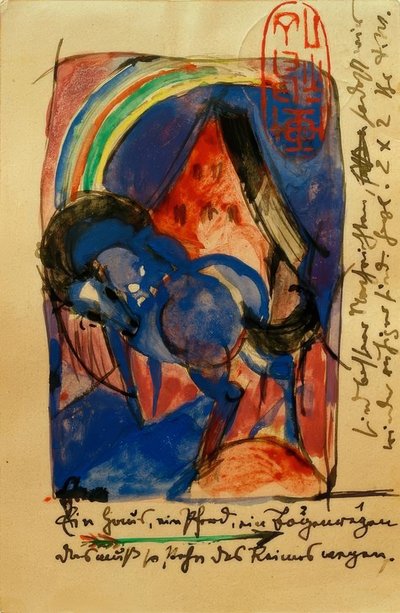 Hest og hus med regnbue af Franz Marc