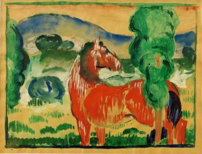 Rød hest i et farvet landskab af Franz Marc