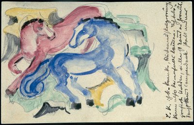 "Rød og blå hest", Franz Marc fra Sindelsdorf til Wassily Kandinsky i München: postkort, poststemplet 5. april 1913 af Franz Marc
