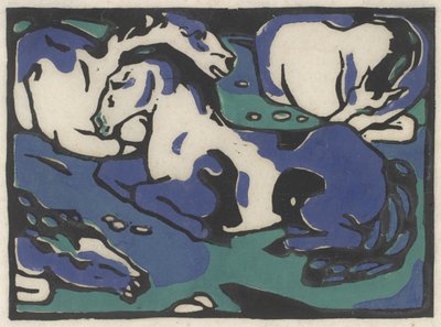 Ruhende Pferde (Hvilende heste), 1911-1912, trykt 1916 (træsnit i sort, blå og grøn på japansk papir) af Franz Marc