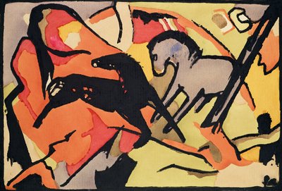 To heste, 191112 (indisk blæk og wc på papir) af Franz Marc