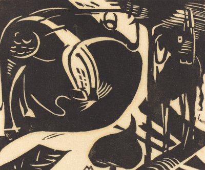 To mytiske dyr (Zwei Fabeltiere), 1914 (træsnit i sort på japansk papir) af Franz Marc