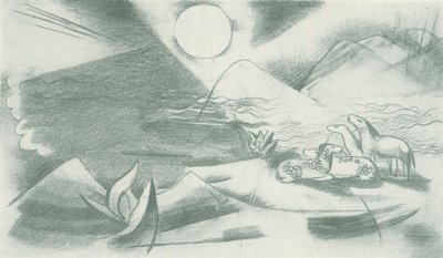 Uberørt landskab med sol, bjerge og en gruppe heste af Franz Marc
