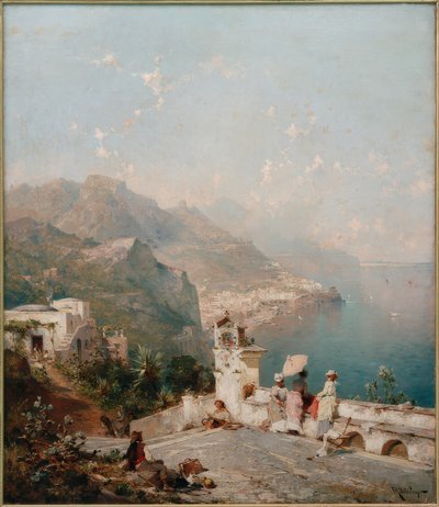 Elegante damer har udsigt over Salerno-bugten af Franz Richard Unterberger