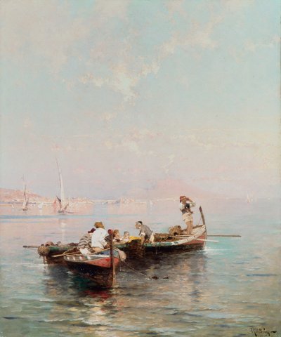 Fiskerbåd i Napoli-bugten (olie på lærred) af Franz Richard Unterberger