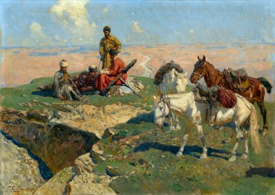 Standsningen af ​​de kaukasiske krigere - Maleri af Franz Roubaud (1856-1928) af Franz Roubaud