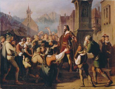 Hertug Friedrich IV, forklædt som en minstrel, åbenbarer sig for sine trofaste tyrolere..., 1851. af Franz Schams