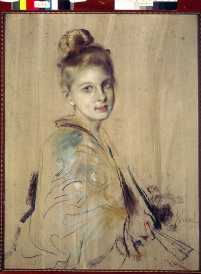 Ung pige med en fan (Girl With A Fan). Værk af Franz von Lenbach (1836-1904), pastel på pap, ca. 1880. Tysk kunst fra 1800-tallet. State Hermitage, Sankt Petersborg. af Franz Seraph von Lenbach