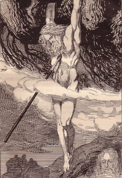 Odin hængende på verdenstræet. Illustration til The Edda: Germanic Gods and Heroes af Hans von Wo af Franz Stassen