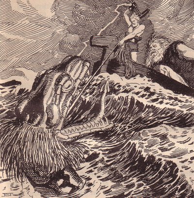 Thor og Hymir Fiskeri. Illustration til The Edda: Germanic Gods and Heroes af Hans von Wolzogen af Franz Stassen