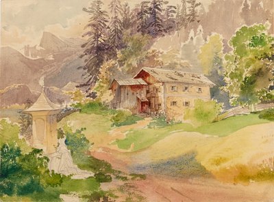 Alpelandskab med bondehus og kvinde foran et helligdom af Franz Steinfeld