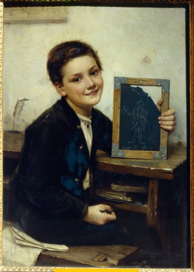 Ecolier (Skoledreng) - Maleri af Franz Thone (1851-1906), olie på træ, 50x38 cm af Franz Thone